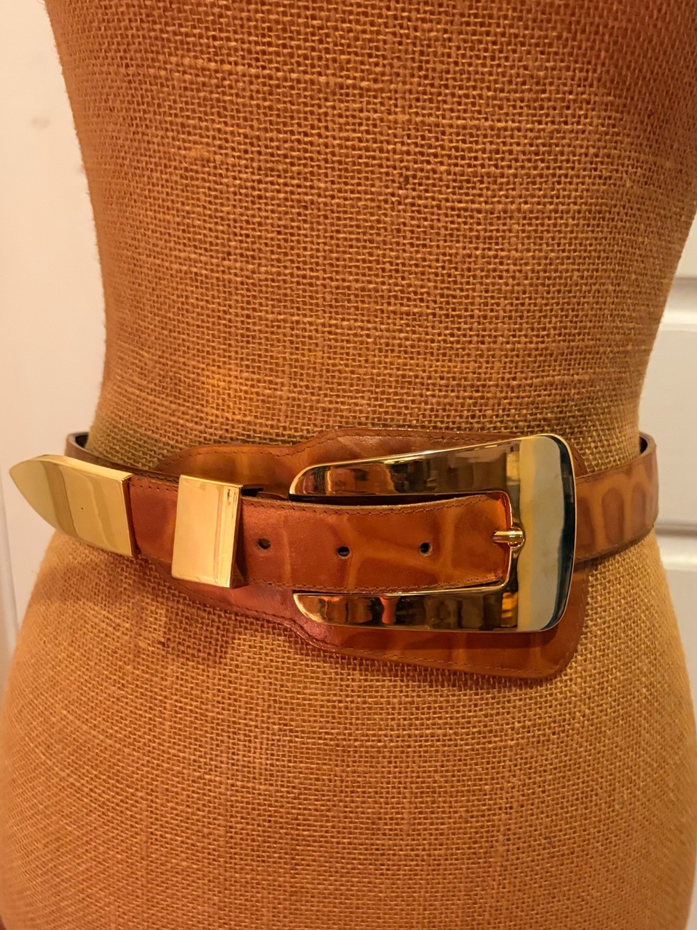 Vintage Magid Croco Embossed Leather Belt Cognac Brown Gold Buckle Y2K
